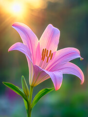 Fototapeta premium A stunning pink lily captures the soft glow of the morning sun, showcasing delicate petals and vibrant colors, symbolizing beauty and renewal in nature's embrace.