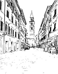 Obraz premium architecture, building, coloring page, sketch, drawing, city, vector, street, illustration, town, church, old, paris, art, house, urban, london, landscape, europe, travel, cityscape, construction, tre