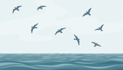 Naklejka premium Flock of birds flying over calm ocean, serene nature