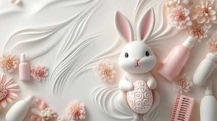 Obraz premium Easter bunny sitting among decorative elements, cosmetics and bath products and holding a pink patterned egg. Easter greetings from wellness and spa salon. Happy Easter. With copy space