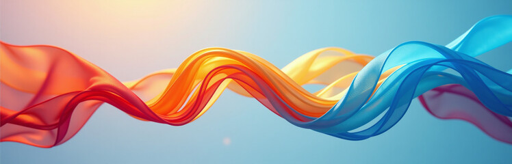 Fototapeta premium A Vibrant, Multicolored Ribbon Of Fabric Flows Through The Air With A Lively, Carefree Motion.