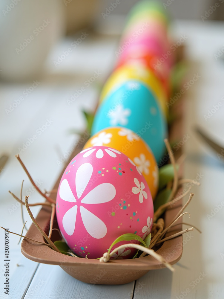 Poster A Vibrant Display Of Colorfully Decorated Easter Eggs In A Single Row Adds Festive Charm To Any Table Setting Easily.