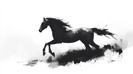 Silhouette of a horse galloping through mist, black and white, dynamic and powerful, artistic and elegant, dramatic and minimal, soft and timeless