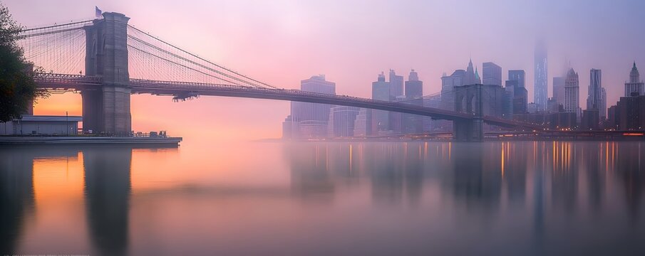 Brooklyn bridge spans reflecting in the east river at dawn