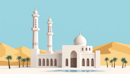 Fototapeta premium Minimalist modern mosque in desert landscape, serenity and peace
