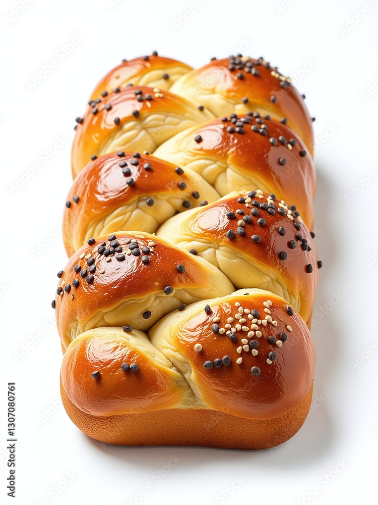 Poster a slice of braided bread sprinkled with poppy seeds is isolated on a plain white background in this 