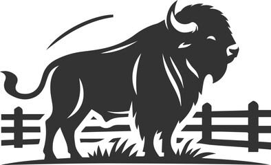 Buffalo standing near an old wooden fence animal vector silhouette