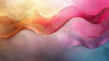 Fototapeta premium A vibrant abstract composition featuring flowing waves of colors ranging from pink to gold, creating a sense of movement and depth.