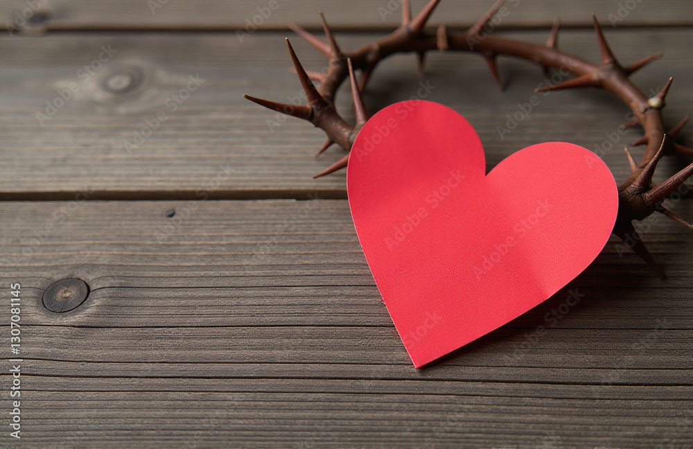 Poster a simple red paper heart is placed upon a wooden background adorned with a thorny crown.
