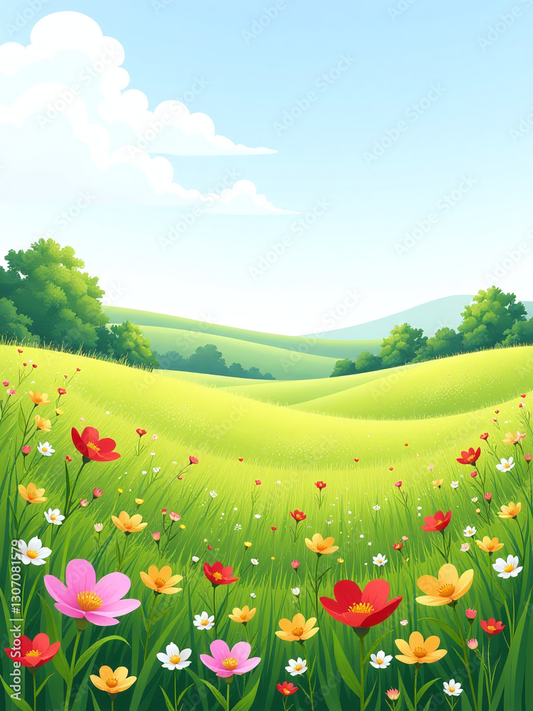 Poster a serene meadow landscape with vibrant colors set against a transparent png background evokes a sens