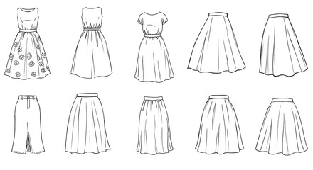 Hand-Drawn Skirt and Dress Sketches - Fashion Design Concept - Editorial Use
