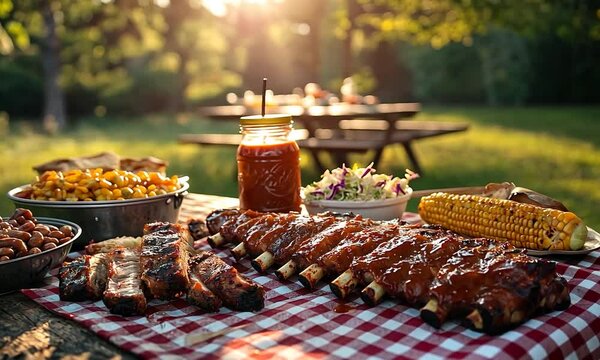 southern bbq spread on an outdoor picnic table orbit left video