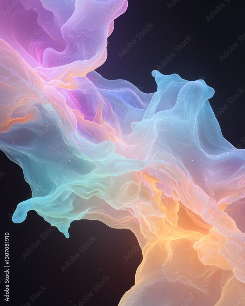 Poster energetic composition of dynamic cellular forms pulsating with radiant neon light, merging into