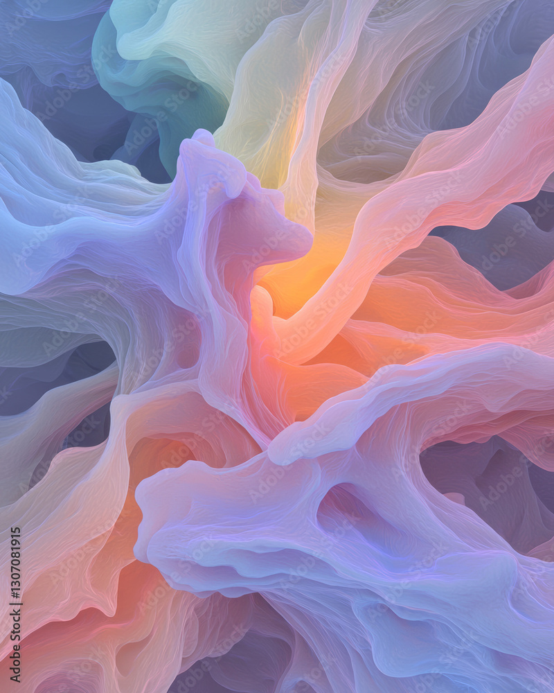 Poster energetic composition of dynamic cellular forms pulsating with radiant neon light, merging into