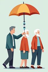 Elderly individuals waiting in line to receive a COVID-19 vaccine from an umbrella-shaped syringe, symbolizing protection and health.