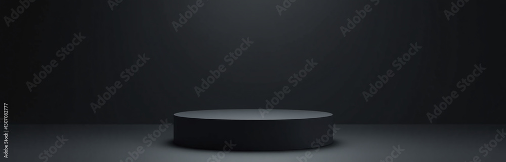 Aufkleber A Pedestal Stands Alone On A Dark Background With A Black Stand And An Empty Platform Display.