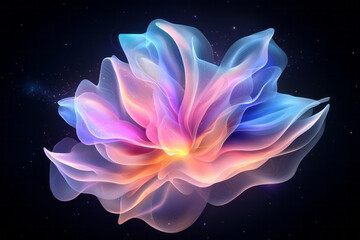 Futuristic digital art featuring intertwined organic and fractal elements forming a luminous bloom,