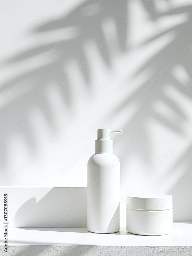 Poster a minimalist white backdrop features a palm tree silhouette and soft dappled light ideal for showcas