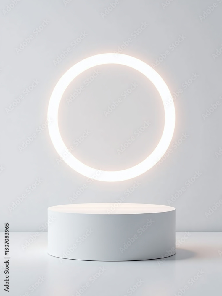 Poster a minimalist vector design featuring a white pedestal with a glowing neon ring and a simple white ba
