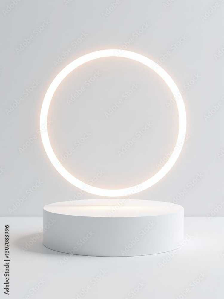 Aufkleber a minimalist vector design featuring a white pedestal with a glowing neon ring and a simple white ba