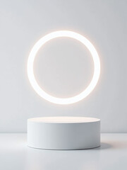 A Minimalist Vector Design Featuring A White Pedestal With A Glowing Neon Ring And A Simple White Background For Product Presentation.