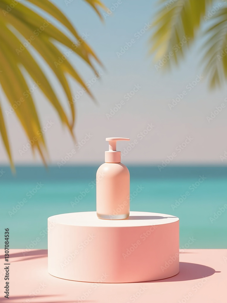 Poster A Minimalist Pedestal Display Showcases A Product On A Vibrant Summer Background In A Simple And Elegant Manner.