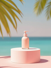 A Minimalist Pedestal Display Showcases A Product On A Vibrant Summer Background In A Simple And Elegant Manner.