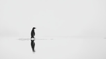 Majestic solitary penguin standing on an ice floe, reflected in serene waters, enveloped in soft gray tones of a tranquil Antarctic landscape