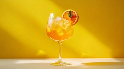 A beautifully formed glass brimming with fresh orange drink and ice captures the essence of summer. A sunny yellow backdrop enhances the vibrant flavor and inviting personality of the drink