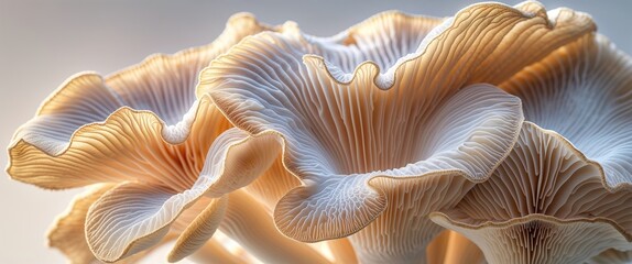 Capturing the beauty of oyster mushrooms, this macro shot reveals the fine textures and gentle curves of the fungi against a soft background, showcasing nature's artistry at close range