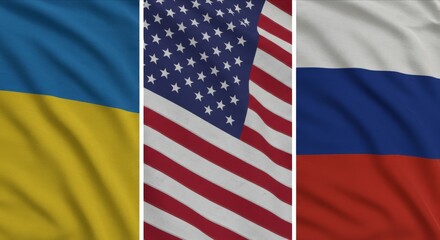 Ukraine, US, and Russia flags side by side.