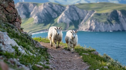 Obraz premium Two mountain goats walk a coastal trail.