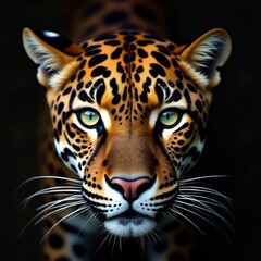 Obraz premium Close-up of jaguar's face, showcasing animal's intense gaze and intricate fur pattern. Educational materials, wildlife conservation campaigns, and nature-themed publications.