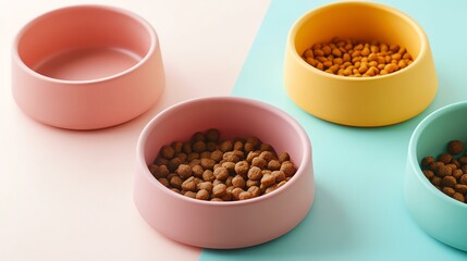 Pet Care & Bonding Colorful pet food bowls with kibble.