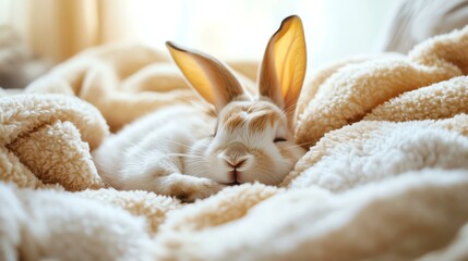 Pet Care & Bonding Cute rabbit relaxing on a cozy blanket.