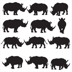 set of black vector various Rhino silhouettes