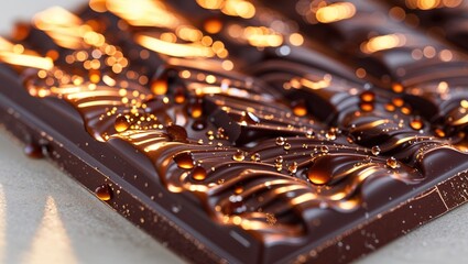 Glorious close-up reveals the rich surface of chocolate adorned with tiny glistening droplets, highlighting the smooth curves and grooves that celebrate its confectionary elegance