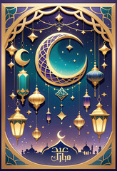 Greeting Card for Eid Mubarak and Ramadan Kareem, Crescent Moon, Lanterns, Calligraphy and Traditional Islamic Architecture, using generative ai