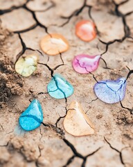 Climate Change Action Colorful droplets on cracked dry soil.