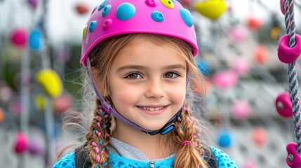 Fototapeta premium Cheerful Young Girl with Braided Hair and Colorful Helmet Smiling at an Outdoor Rock Climbing Wall During a Fun Adventure Activity