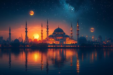 Fototapeta premium Stunning Sunset Reflecting on Water with a Mosque and Minarets Under a Starry Sky