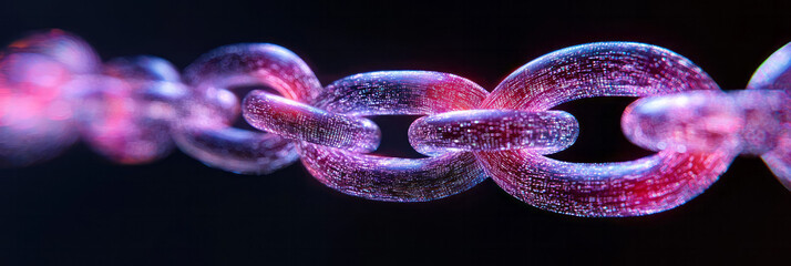 A futuristic digital artwork that visualizes blockchain integration, with interlocking chains of