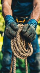 A Skilled Male Worker in His 30s Tying Heavy Rope Outdoors, Demonstrating Strength and Technique Amidst Lush Greenery