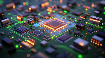 Obraz premium High-resolution close-up of a microchip with embedded IoT sensors, illuminated by vibrant neon blue