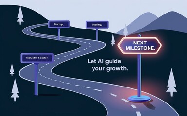 AI-Driven Growth Journey: A conceptual illustration depicting a winding road with milestone signposts guiding towards the "Next Milestone", suggesting AI as a guide for business development