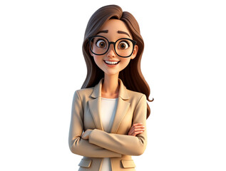 Confident 3D animated businesswoman with glasses and beige blazer smiling with arms crossed, stylized corporate character on white background.