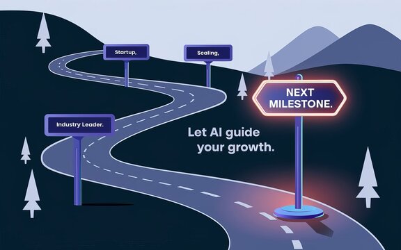 AI-Driven Growth Journey: A conceptual illustration depicting a winding road with milestone signposts guiding towards the "Next Milestone", suggesting AI as a guide for business development