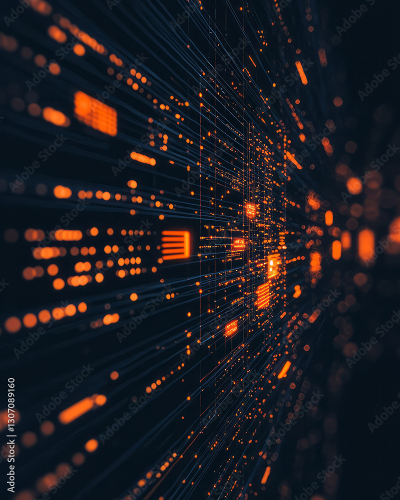 Poster dreamlike scene of layered digital dashboards and holographic charts, where glowing data streams