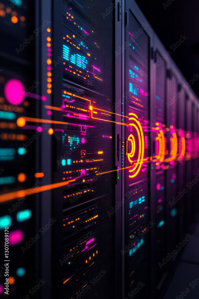 Poster bold editorial style featuring a high-tech server room overlaid with animated data flows and