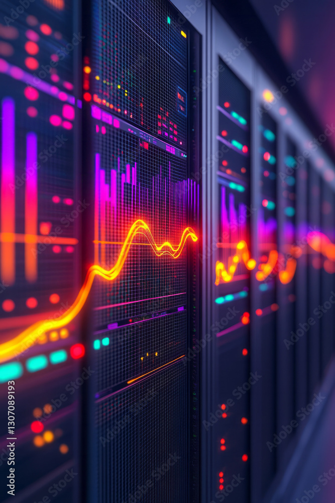 Aufkleber Bold editorial style featuring a high-tech server room overlaid with animated data flows and